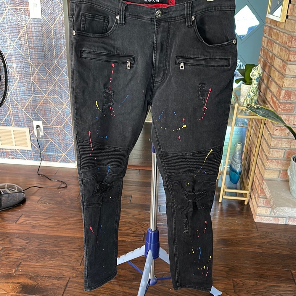 Makobi Black Paint-Splatter Distressed Men Jeans 40x32